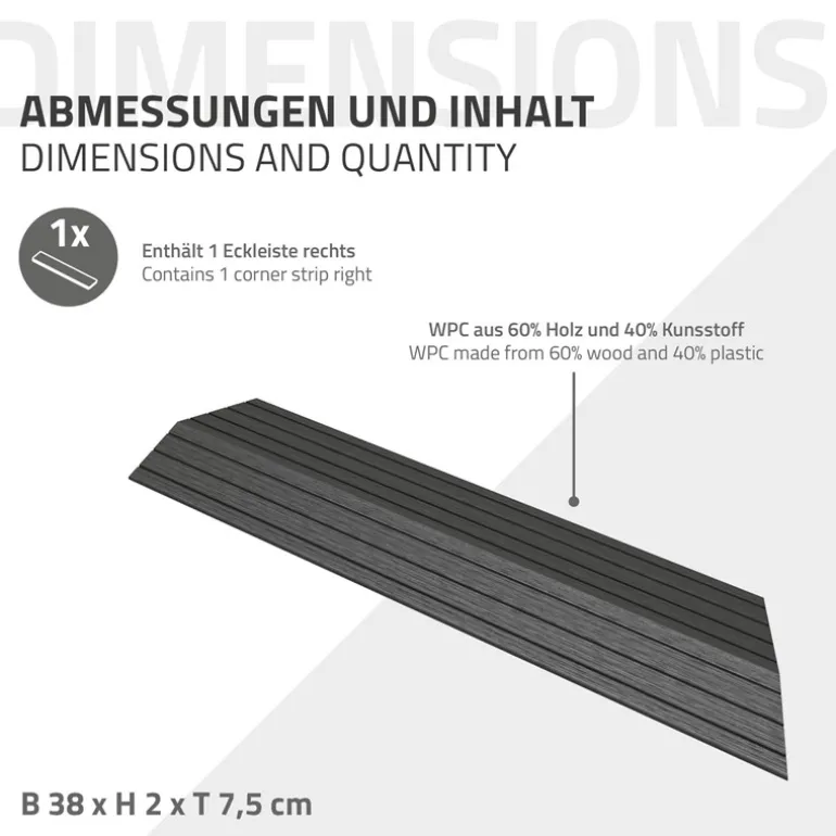 WPC Abschlussleiste 38x2x7,5 cm für WPC Bodenfliese Ecke rechts Anthrazit ML-Design
