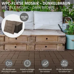 WPC Terrassenfliesen 30x30 cm 11er Set für 1m² Dunkelbraun in Holzoptik Mosaik mit Drainage und Klicksystem