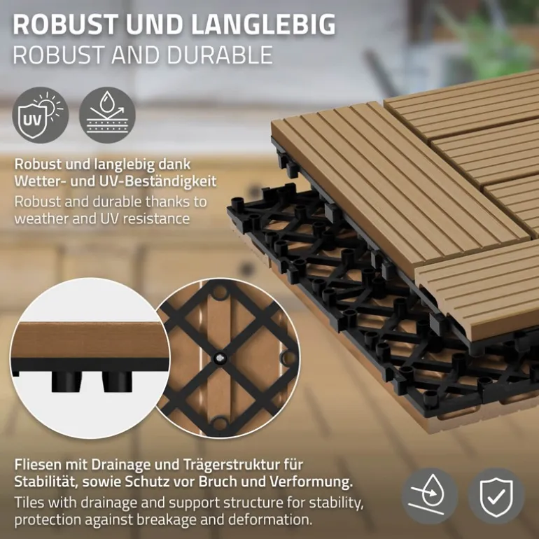 WPC Terrassenfliesen 30x30 cm 11er Set für 1m² Teak in Holzoptik Mosaik mit Drainage und Klicksystem