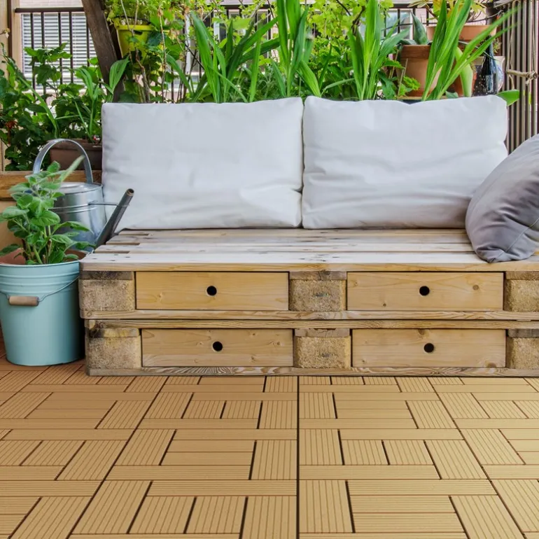 WPC Terrassenfliesen 30x30 cm 11er Set für 1m² Teak in Holzoptik Mosaik mit Drainage und Klicksystem