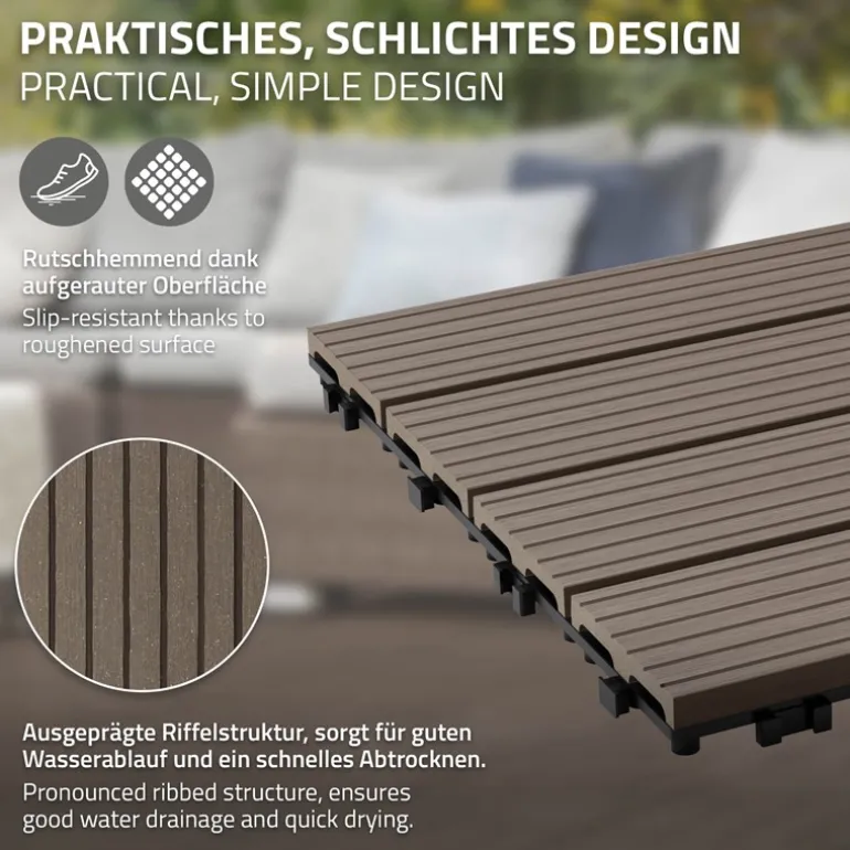 WPC Terrassenfliesen 30x30 cm 22er Set für 2m² Dunkelbraun in Holzoptik Balkon Bodenbelag mit Drainage und Klicksystem Terrassendielen Balkonfliesen