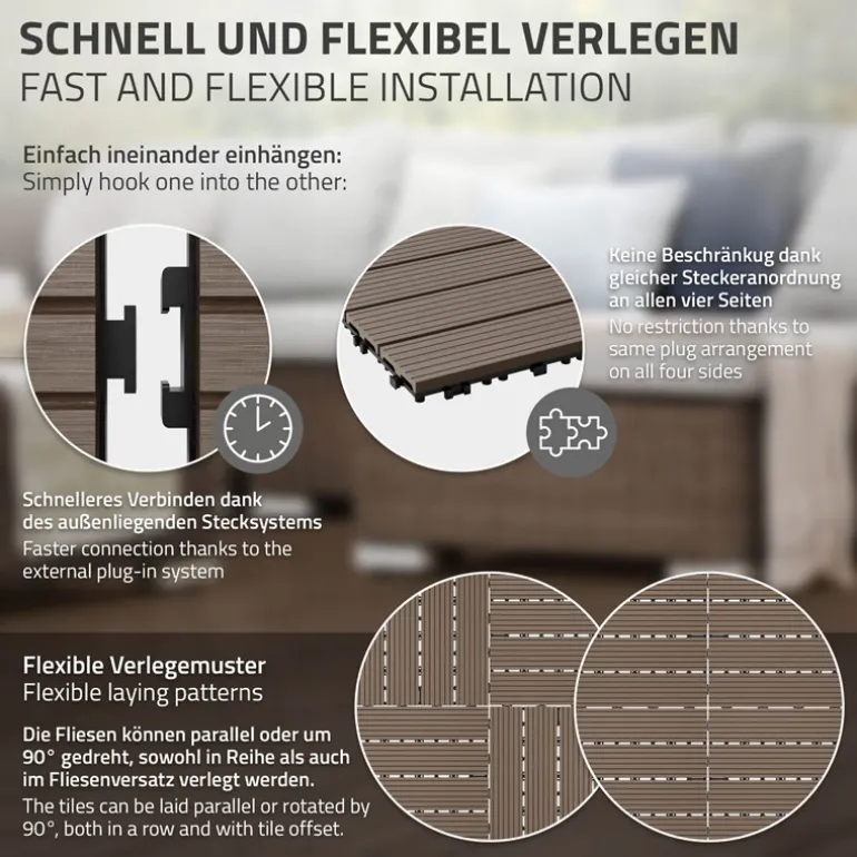 WPC Terrassenfliesen 30x30 cm 22er Set für 2m² Dunkelbraun in Holzoptik Balkon Bodenbelag mit Drainage und Klicksystem Terrassendielen Balkonfliesen