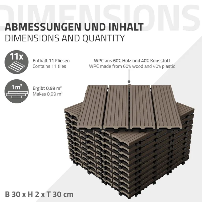 WPC Terrassenfliesen 30x30 cm 22er Set für 2m² Dunkelbraun in Holzoptik Balkon Bodenbelag mit Drainage und Klicksystem Terrassendielen Balkonfliesen