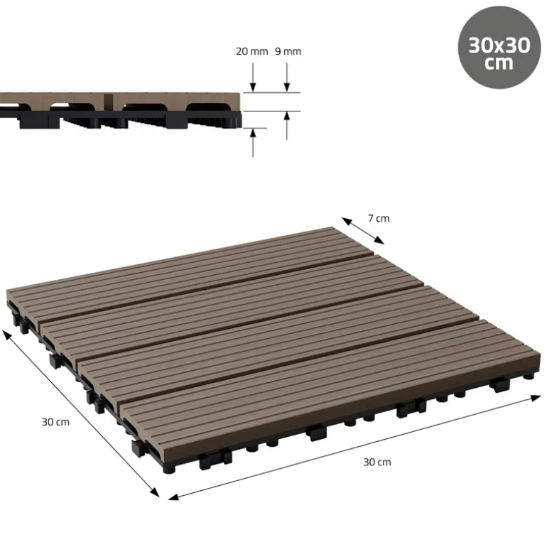 WPC Terrassenfliesen 30x30 cm 22er Set für 2m² Dunkelbraun in Holzoptik Balkon Bodenbelag mit Drainage und Klicksystem Terrassendielen Balkonfliesen