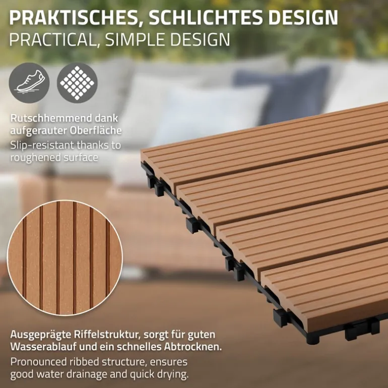 WPC Terrassenfliesen 30x30 cm 22er Set für 2m² Hellbraun in Holzoptik Balkon Bodenbelag mit Drainage und Klicksystem Terrassendielen Balkonfliesen