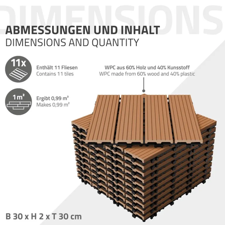 WPC Terrassenfliesen 30x30 cm 22er Set für 2m² Hellbraun in Holzoptik Balkon Bodenbelag mit Drainage und Klicksystem Terrassendielen Balkonfliesen