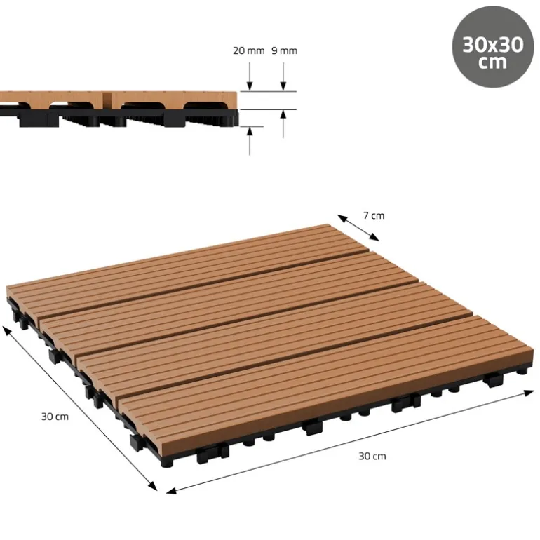 WPC Terrassenfliesen 30x30 cm 22er Set für 2m² Hellbraun in Holzoptik Balkon Bodenbelag mit Drainage und Klicksystem Terrassendielen Balkonfliesen
