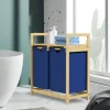 Wäschekorb Wäschesammler aus Bambus mit zwei Fächern in Dunkelblau 2x30 Liter ML-Design