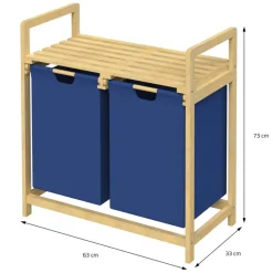 Wäschekorb Wäschesammler aus Bambus mit zwei Fächern in Dunkelblau 2x30 Liter ML-Design