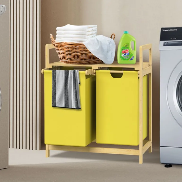 Wäschekorb Wäschesammler aus Bambus mit zwei Fächern in Gelb 2x30 Liter ML-Design