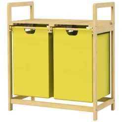 Wäschekorb Wäschesammler aus Bambus mit zwei Fächern in Gelb 2x30 Liter ML-Design