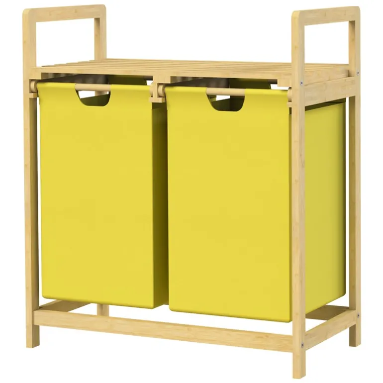 Wäschekorb Wäschesammler aus Bambus mit zwei Fächern in Gelb 2x30 Liter ML-Design