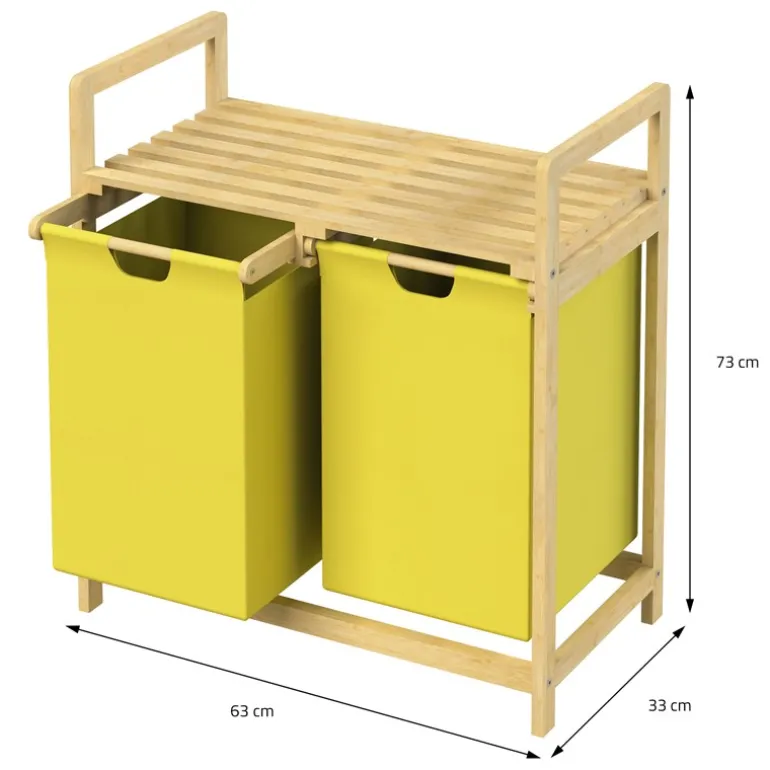 Wäschekorb Wäschesammler aus Bambus mit zwei Fächern in Gelb 2x30 Liter ML-Design