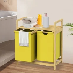 Wäschekorb Wäschesammler aus Bambus mit zwei Fächern in Gelb 2x30 Liter ML-Design