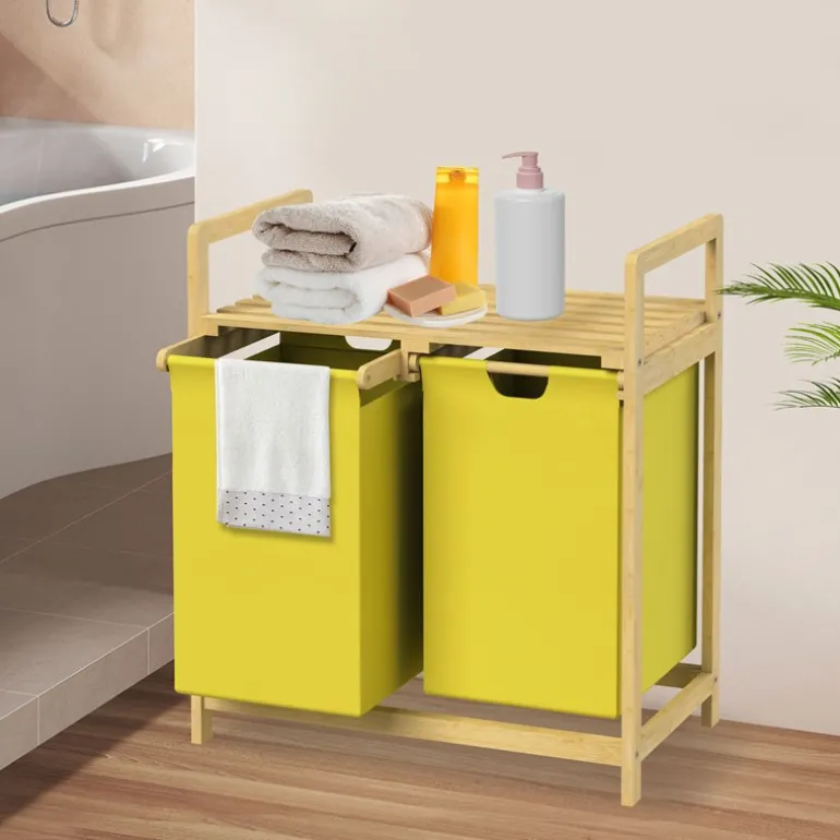 Wäschekorb Wäschesammler aus Bambus mit zwei Fächern in Gelb 2x30 Liter ML-Design