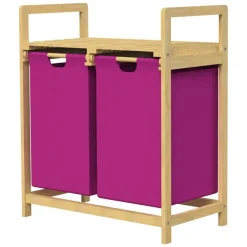 Wäschekorb Wäschesammler aus Bambus mit zwei Fächern in Magenta 2x30 Liter ML-Design