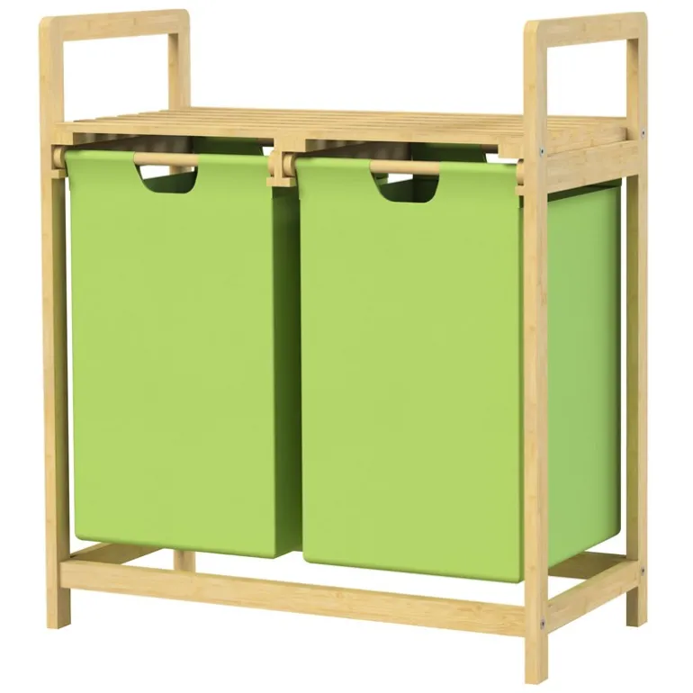 Wäschekorb Wäschesammler aus Bambus mit zwei Fächern in Olive 2x30 Liter ML-Design