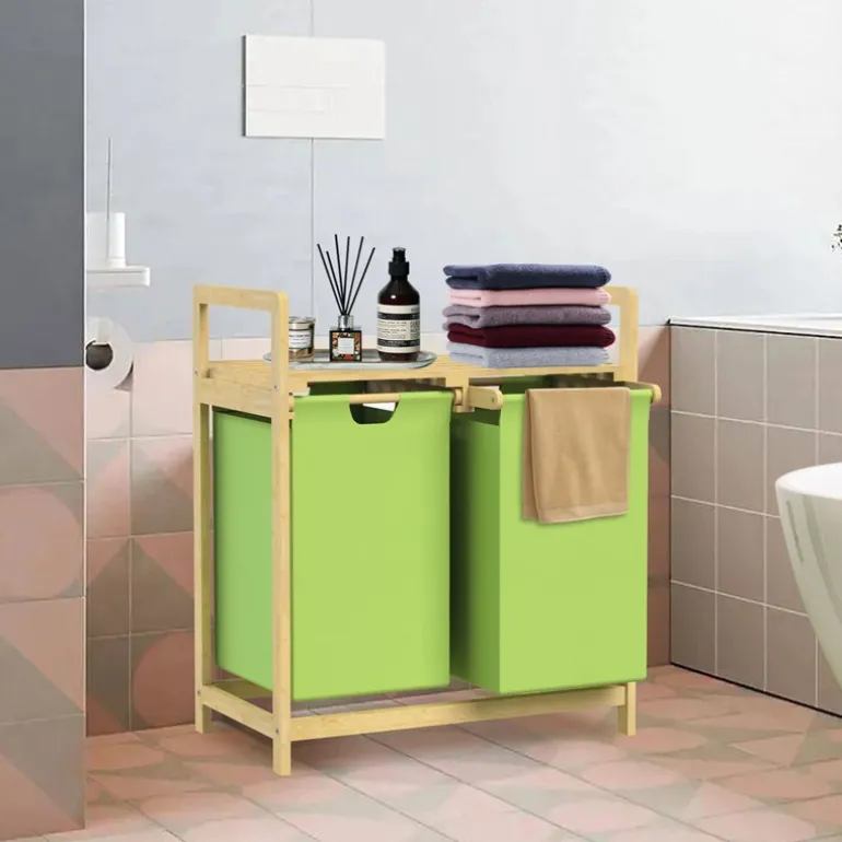 Wäschekorb Wäschesammler aus Bambus mit zwei Fächern in Olive 2x30 Liter ML-Design