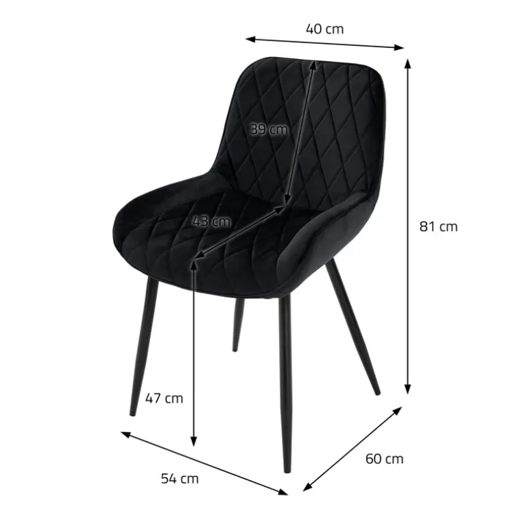 2x Esszimmerstuhl 2er Set Rauten Steppung Schwarz Samtbezug mit Metallbeinen inkl. Montagematerial ML-Design