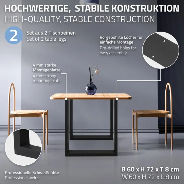 2x Tischbeine Tischkufen aus Vierkantprofilen 60x72 cm Schwarz pulverbeschichtete Stahl