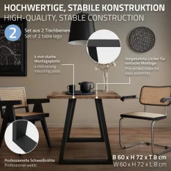 2x Tischbeine Trapez Design 60x72 cm Schwarz pulverbeschichtete Stahl Tischgestell für Esstisch Schreibtisch