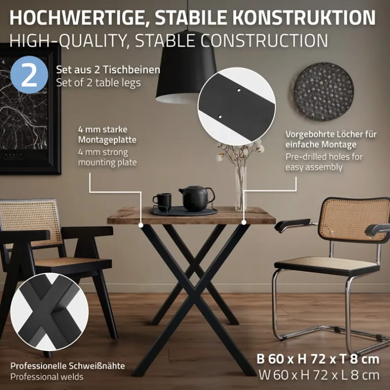 2x Tischbeine X-Design 60x72 cm Schwarz pulverbeschichtete Stahl DIY Tischuntergestell