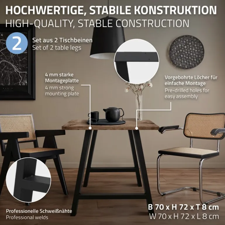 2x Tischkufen A-Form 70x72 cm Schwarz aus pulverbeschichtetem Stahl Tischgestell für Esstisch und Schreibtisch
