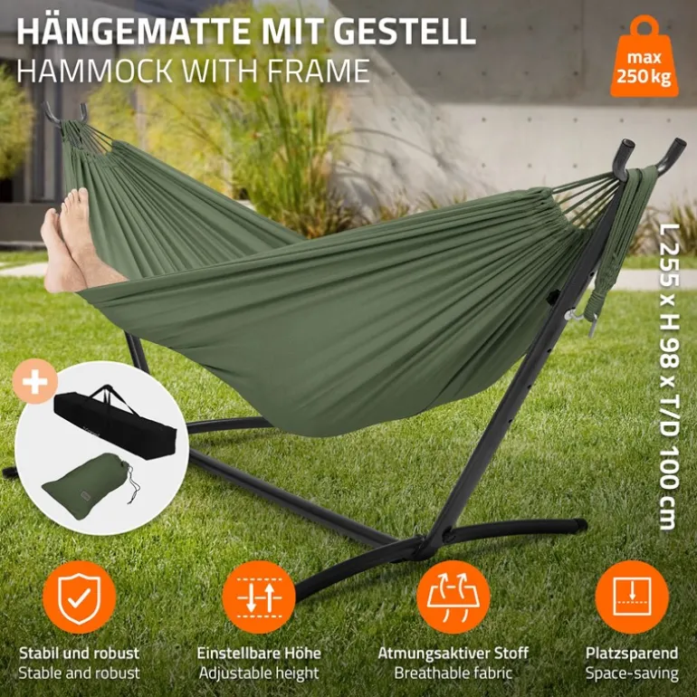 XXL Hängematte mit Stahlgestell bis 250 kg Khaki inkl. Tragetasche ML-Design