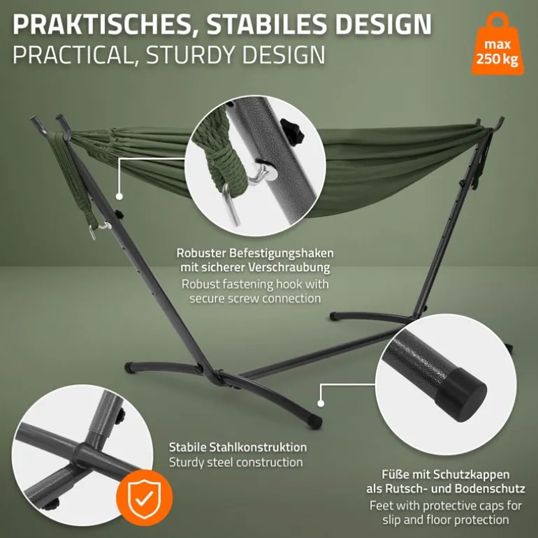 XXL Hängematte mit Stahlgestell bis 250 kg Khaki inkl. Tragetasche ML-Design
