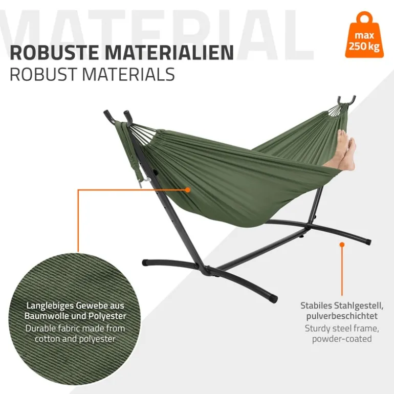 XXL Hängematte mit Stahlgestell bis 250 kg Khaki inkl. Tragetasche ML-Design