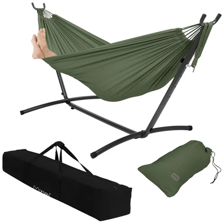 XXL Hängematte mit Stahlgestell bis 250 kg Khaki inkl. Tragetasche ML-Design