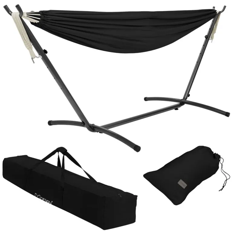 XXL Hängematte mit Stahlgestell bis 250 kg Schwarz inkl. Tragetasche ML-Design