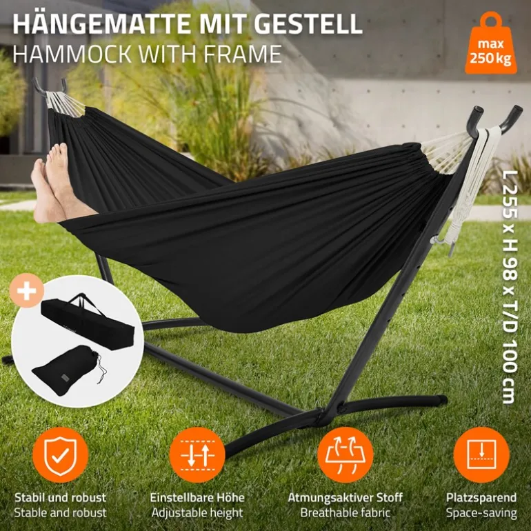 XXL Hängematte mit Stahlgestell bis 250 kg Schwarz inkl. Tragetasche ML-Design