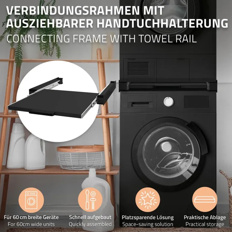 Zwischenbaurahmen für Waschmaschine Verbindungsrahmen mit ausziehbarer Ablage 60x60 cm in Schwarz ML-Design