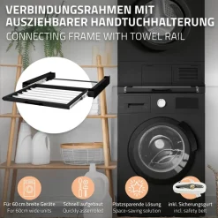 Zwischenbaurahmen für Waschmaschine Verbindungsrahmen mit ausziehbarer Wäscheleine 60,5x54,5 cm in Schwarz ML-Design
