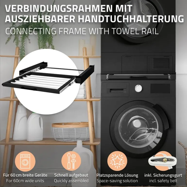 Zwischenbaurahmen für Waschmaschine Verbindungsrahmen mit ausziehbarer Wäscheleine 60,5x54,5 cm in Schwarz ML-Design