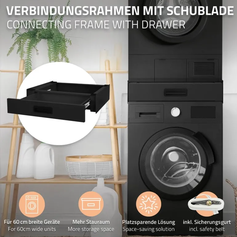 Zwischenbaurahmen für Waschmaschine Verbindungsrahmen mit Schublade 60,5x54 cm in Schwarz ML-Design
